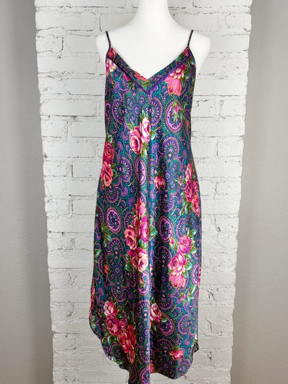 Adonna Vintage Satin Floral Paisley Midi Slip Nightie Dress 80s Medium